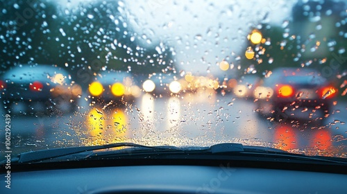 70.A view from inside a car as the wipers swipe away rain from the windshield, creating a clear spot while raindrops accumulate on the rest of the glass.
