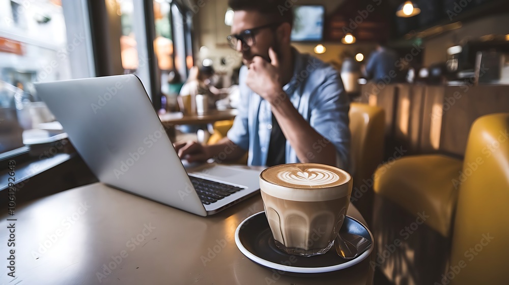 Freelancer Working on Laptop in Cozy Cafe with Latte Art and Warm, Natural Lighting Freelancer Working on Laptop in Cozy Cafe with Latte Art and Warm, Natural Lighting