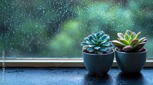 78.Succulent plants placed on a windowsill with a wet glass pane behind them, light rain visible outside, leaving room at the top for adding text or messaging. photo