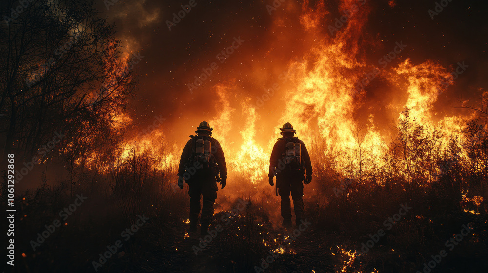 Fototapeta premium firefighters tackling a blazing wildfire in a forest, smoke and flames creating a tense, dramatic scene