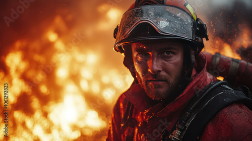 firefighter holding a hose, battling flames with determination, powerful sense of duty and bravery