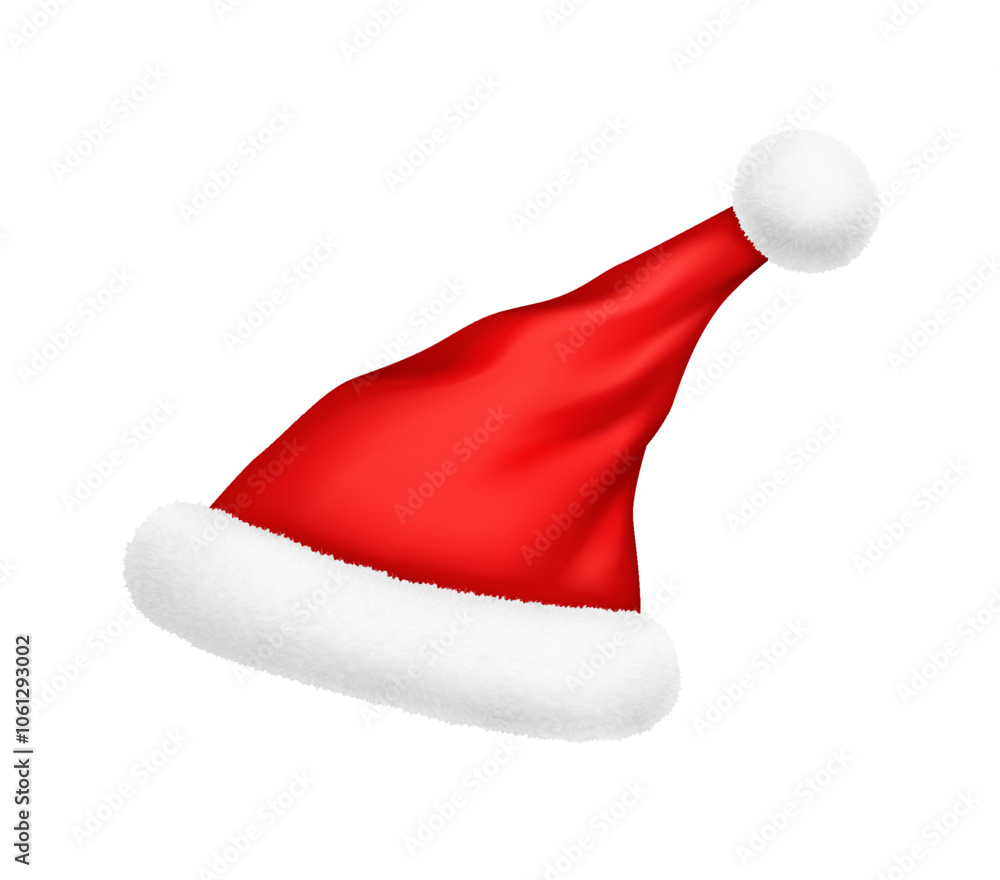 Classic Santa hat with fluffy fur trim and pompom decor realistic vector illustration. Merry Christmas wishing with accessory 3d model on white background Classic Santa hat with fluffy fur trim and pompom decor realistic vector illustration. Merry Christmas wishing with accessory 3d model on white background