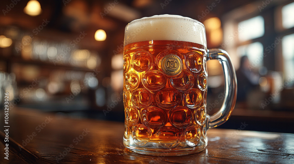 frothy beer mug on a rustic bar counter, surrounded by friends laughing and cheering frothy beer mug on a rustic bar counter, surrounded by friends laughing and cheering