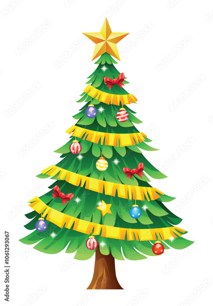 Christmas tree decorated with golden ribbons, red bows, and colorful ornaments. Vector cartoon illustration Christmas tree decorated with golden ribbons, red bows, and colorful ornaments. Vector cartoon illustration