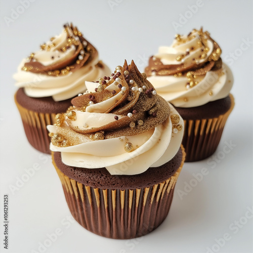 Two tone cupcake, vanilla and chocolate, with gold sprinkles photo