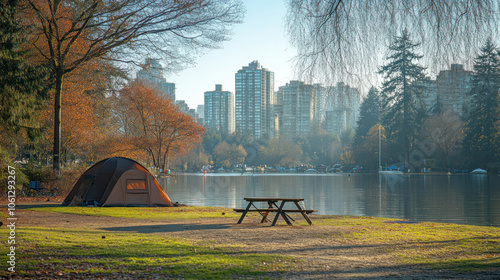 homeless encampment in a city park, highlighting social inequality and need for support