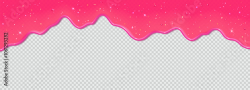 Realistic 3D dripping glossy pink slime with glitter isolated on transparent background. Border of flowing sticky sweet jelly. Vector template of chewing gum, cream or caramel icing for cake or donut
