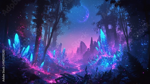 119.A fantastical forest landscape featuring glowing plants in shades of neon blue and pink, a shimmering path of crystals leading through the trees, and the silhouette of a distant, mysterious