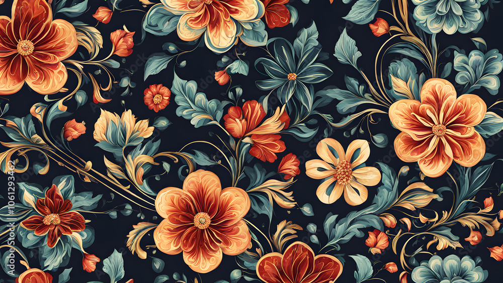 A floral patterned background with orange and blue flowers A floral patterned background with orange and blue flowers