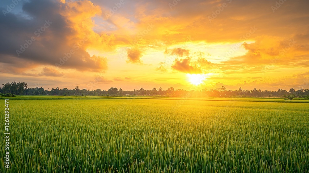 126.A wide-angle view of a green rice paddy under a golden sky, rain lightly falling across the fields, the natural beauty of the countryside enhanced by the gentle glow of sunrise or sunset. 126.A wide-angle view of a green rice paddy under a golden sky, rain lightly falling across the fields, the natural beauty of the countryside enhanced by the gentle glow of sunrise or sunset.