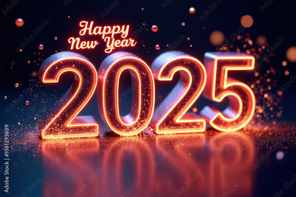 A sleek digital invitation design with Happy New Year in stylish fonts and animated elements, with 2025 highlighted A sleek digital invitation design with Happy New Year in stylish fonts and animated elements, with 2025 highlighted