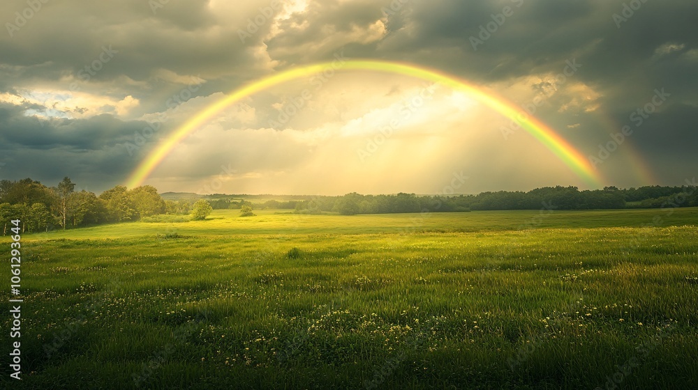 Naklejka premium 130.A peaceful landscape of rolling green meadows, framed by a soft rainbow arching across the horizon, with sunlight streaming through the clouds, creating a serene, post-rain mood.