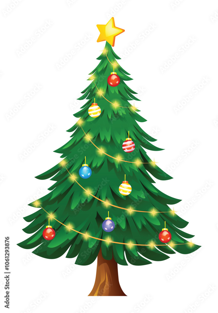 Christmas tree with glowing ornaments, featuring a gold star on top and warm lights. Vector cartoon illustration Christmas tree with glowing ornaments, featuring a gold star on top and warm lights. Vector cartoon illustration