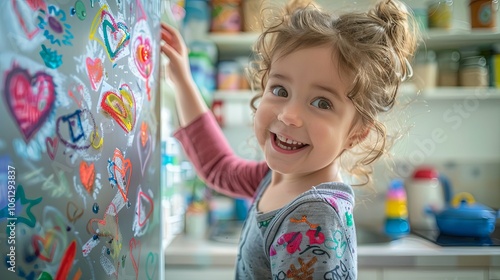 Colorful Creativity: Childs Enthusiasm Shines While Drawing Shapes on a Refrigerator Surface