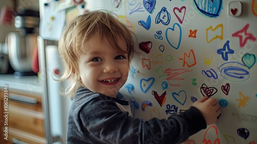 Colorful Creativity: Childs Enthusiasm Shines While Drawing Shapes on a Refrigerator Surface