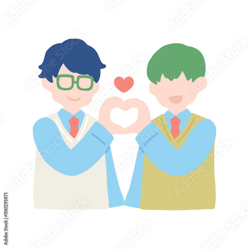 手でハートをつくる学生服の仲良しペア[男性]のフラットなイラスト

