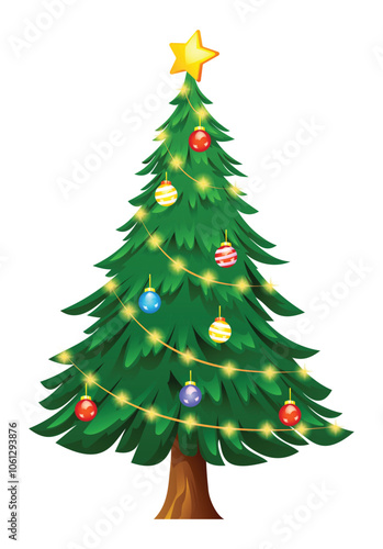 Christmas tree with glowing ornaments, featuring a gold star on top and warm lights. Vector cartoon illustration