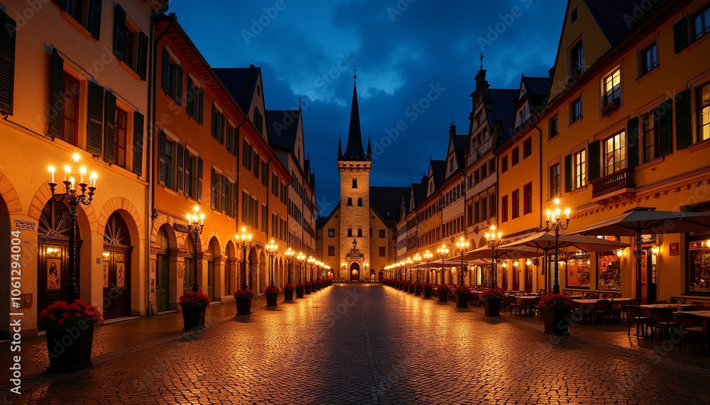 Fototapeta premium Geneva Old Town at night background, illuminated medieval buildings and cobblestone streets with torches and candles, evoking the historic and festive ambiance of Escalade