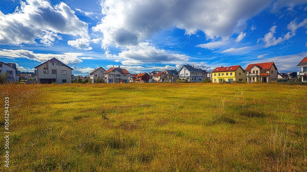 A serene landscape featuring houses against a vibrant sky and open grassy field. A serene landscape featuring houses against a vibrant sky and open grassy field.