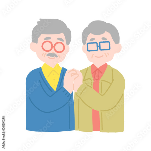 正面で指を組むシニアの仲良しペア[男性]のフラットなイラスト
