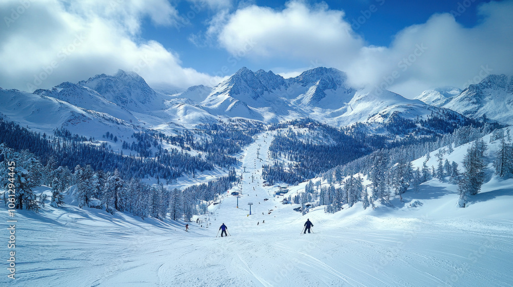 Fototapeta premium skier descending a snowy slope at high speed, mountain landscape, adrenaline and skill