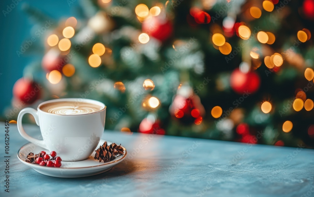 Obraz premium A close-up shot of a festive living room with a Christmas tree and a cup of coffee on the table, accented by a calming blue wall