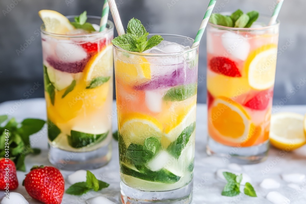 colorful fruit-infused drinks served in tall glasses, filled with ice cubes, mint leaves, and slices of lemon, lime, orange, and strawberry. The drinks are refreshing, vibrant colorful fruit-infused drinks served in tall glasses, filled with ice cubes, mint leaves, and slices of lemon, lime, orange, and strawberry. The drinks are refreshing, vibrant