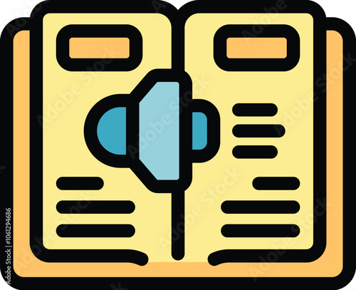 Icon of a book with a speaker attached, representing listening to an audiobook for online education