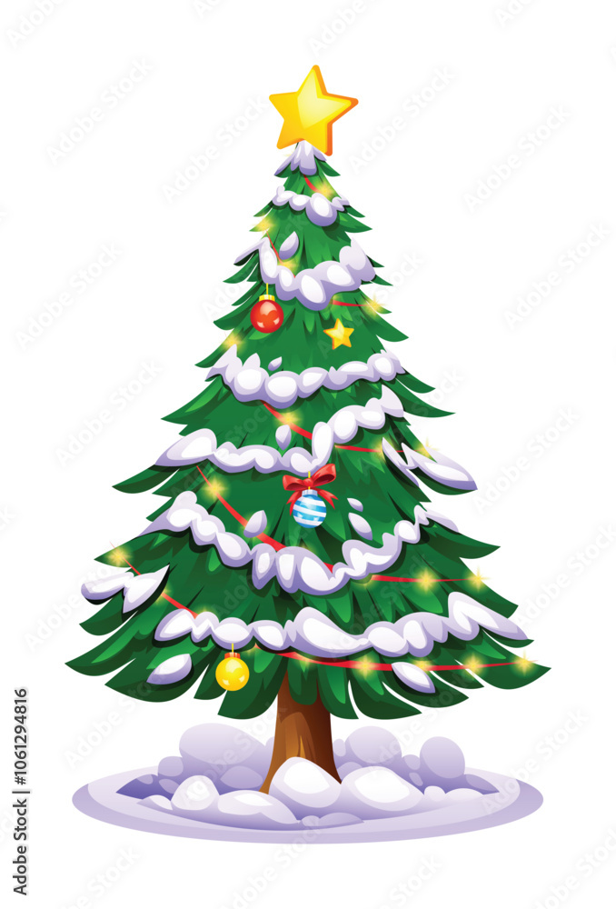 Christmas tree with layered snow, red ornaments, and yellow lights. Vector cartoon illustration Christmas tree with layered snow, red ornaments, and yellow lights. Vector cartoon illustration