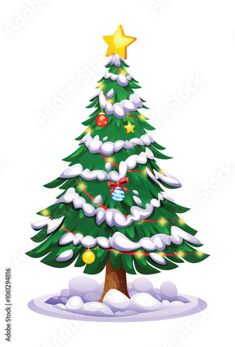 Christmas tree with layered snow, red ornaments, and yellow lights. Vector cartoon illustration