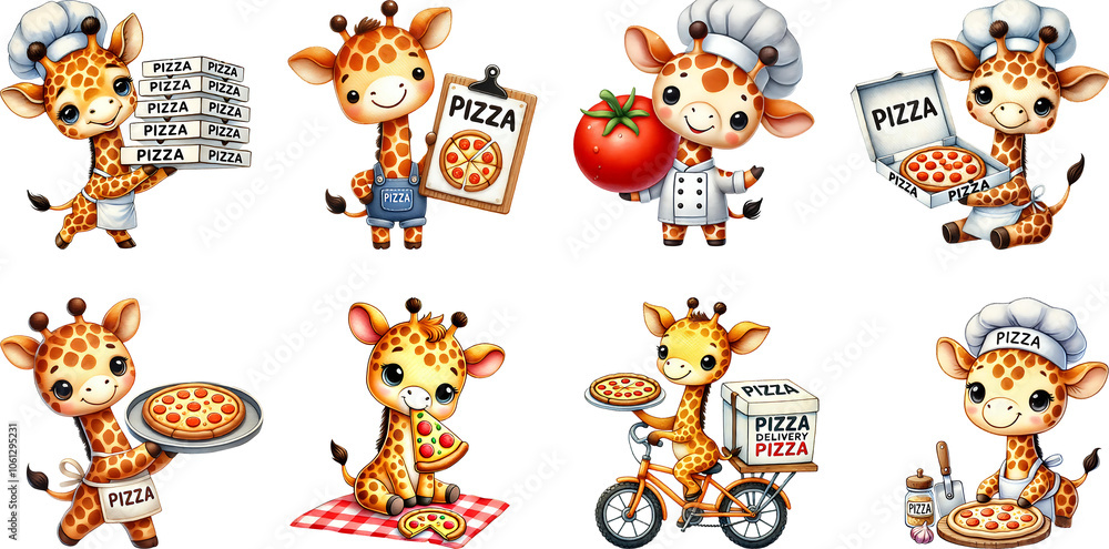 Set of giraffe with pizza a cheerful expression watercolour illustration. Set of giraffe with pizza a cheerful expression watercolour illustration.