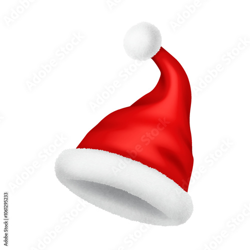 Red color Santa Claus hat with fur ball realistic vector illustration object. Magic Christmas season celebration 3d model on white background