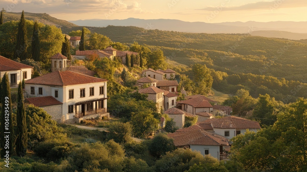 Fototapeta premium Scenic view of a hillside village with traditional architecture amidst lush greenery.