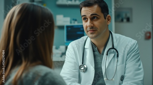 Caring doctor discussing health with a patient during a hospital visit, capturing doctor-patient relationship and trust