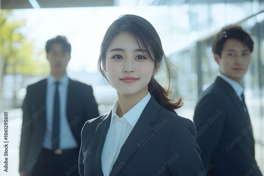 Professional Japanese business team in suits walking in a modern office. Smiling adult men and women looking confident, arms crossed, in a vibrant corporate setting. Professional Japanese business team in suits walking in a modern office. Smiling adult men and women looking confident, arms crossed, in a vibrant corporate setting.