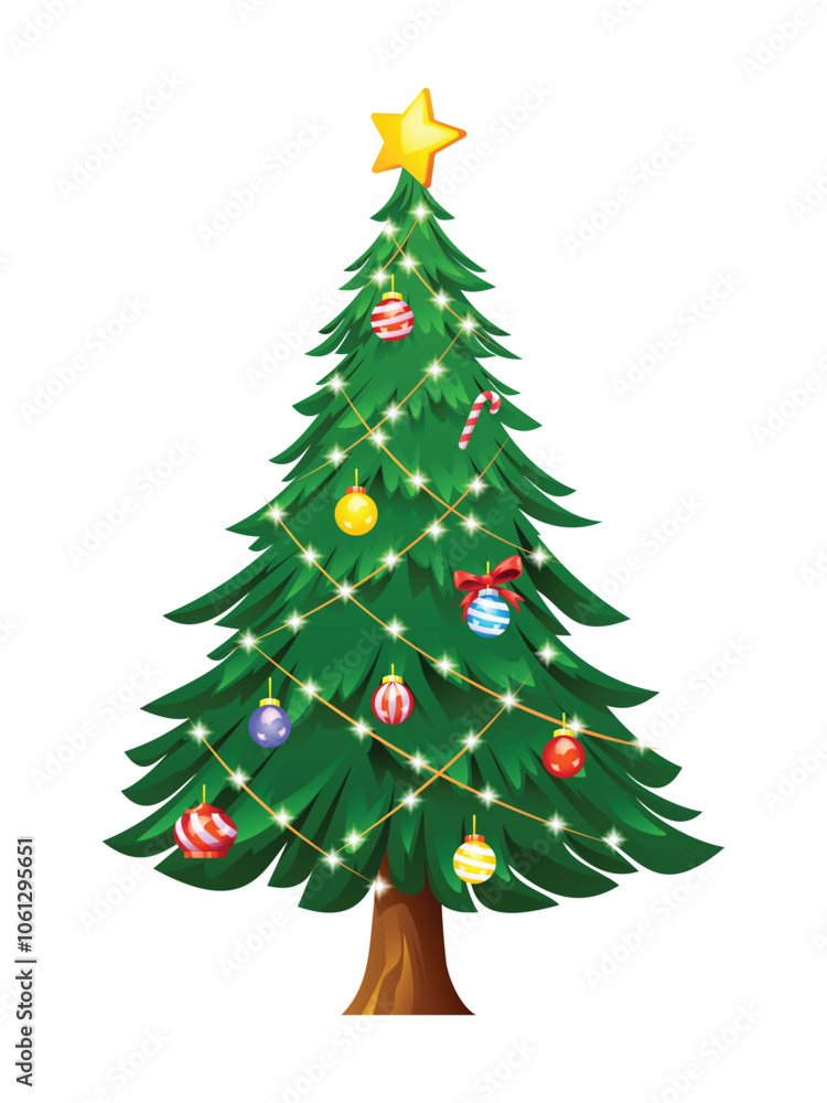 Christmas tree with ornaments, lights, and a star topper. Vector cartoon illustration Christmas tree with ornaments, lights, and a star topper. Vector cartoon illustration