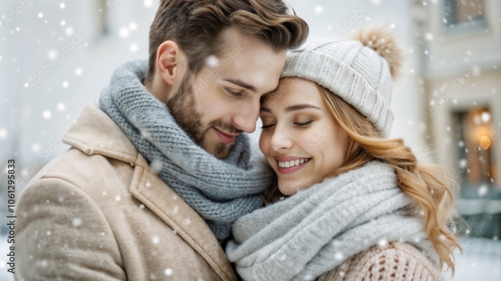 Smiling couple in warm clothes enjoying winter snowfall together Smiling couple in warm clothes enjoying winter snowfall together