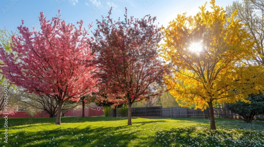 Naklejka premium Seasons: Spring, Summer, Autumn, Winter and Cherry Grove in Yard