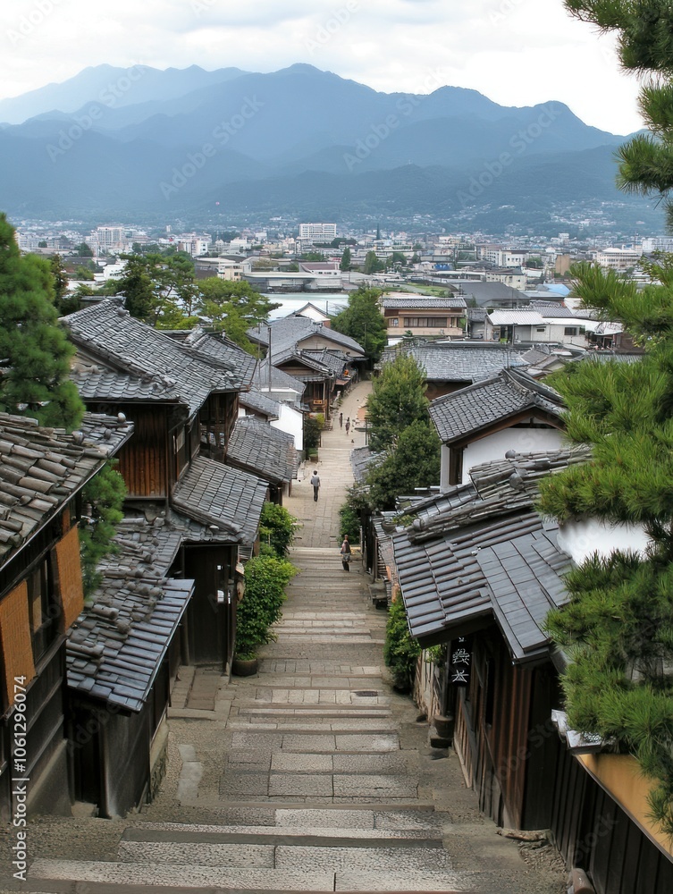 A scenic view of a traditional Japanese street leading down to a town with mountains in the background. A scenic view of a traditional Japanese street leading down to a town with mountains in the background.