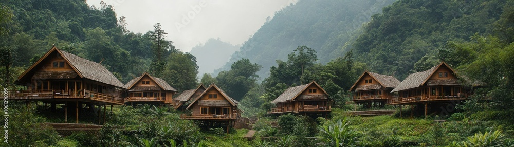 Scenic view of wooden houses nestled in a mountainous landscape. Scenic view of wooden houses nestled in a mountainous landscape.