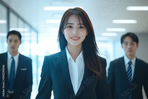 Professional Japanese business team in suits walking in a modern office. Smiling adult men and women looking confident, arms crossed, in a vibrant corporate setting.