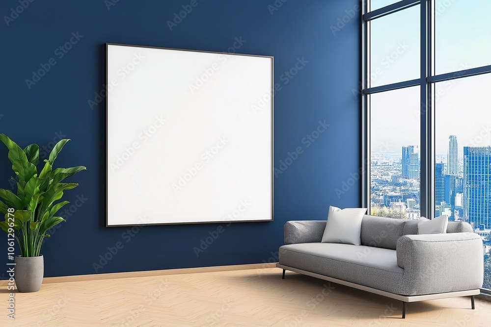 A modern interior featuring a large blank canvas on a navy blue wall, a sleek gray sofa, and a potted plant, with a cityscape visible through floor-to-ceiling windows. A modern interior featuring a large blank canvas on a navy blue wall, a sleek gray sofa, and a potted plant, with a cityscape visible through floor-to-ceiling windows.
