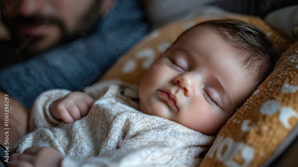 Close-up of a newborn sleeping in a car seat, with unrecognizable man in the background, ideal for baby travel and child safety themes Close-up of a newborn sleeping in a car seat, with unrecognizable man in the background, ideal for baby travel and child safety themes