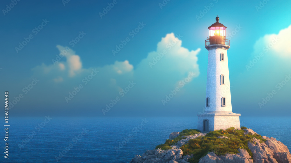 Majestic lighthouse overlooking serene ocean at sunrise on rocky coast Majestic lighthouse overlooking serene ocean at sunrise on rocky coast