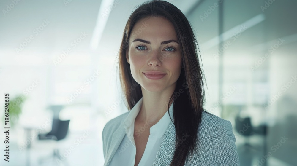 Confident female businesswoman in a modern office, looking at the camera with an engaging smile, highlighting professional atmosphere Confident female businesswoman in a modern office, looking at the camera with an engaging smile, highlighting professional atmosphere