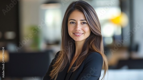 Confident female businesswoman in a modern office, looking at the camera with an engaging smile, highlighting professional atmosphere