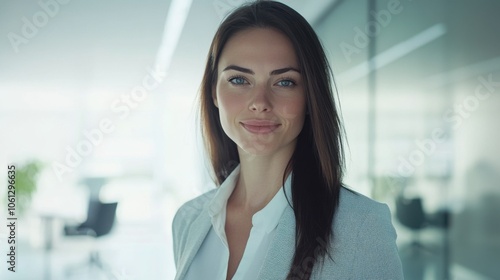 Confident female businesswoman in a modern office, looking at the camera with an engaging smile, highlighting professional atmosphere