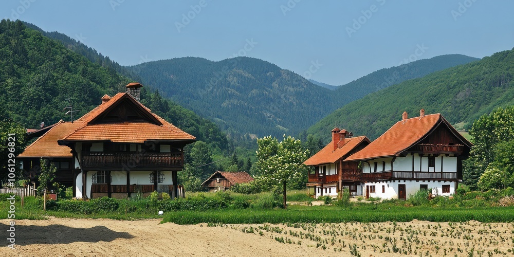 Scenic view of traditional houses surrounded by lush mountains and greenery. Scenic view of traditional houses surrounded by lush mountains and greenery.