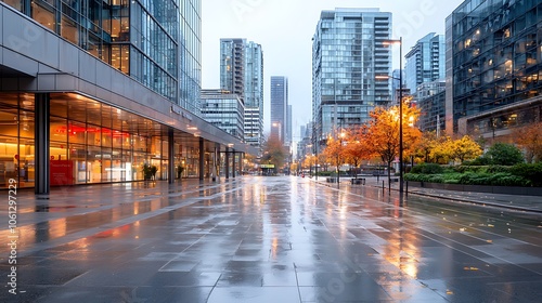 Explore the tranquility of urban reflections in a rain-kissed cityscape