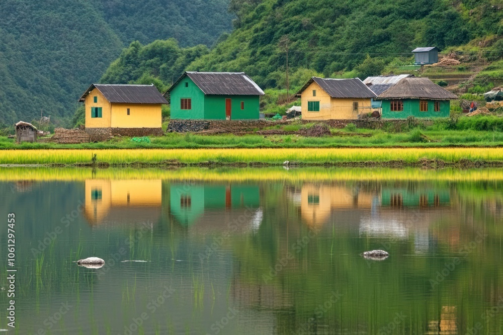 Tranquil lakeside village with colorful houses reflecting in the water. Tranquil lakeside village with colorful houses reflecting in the water.
